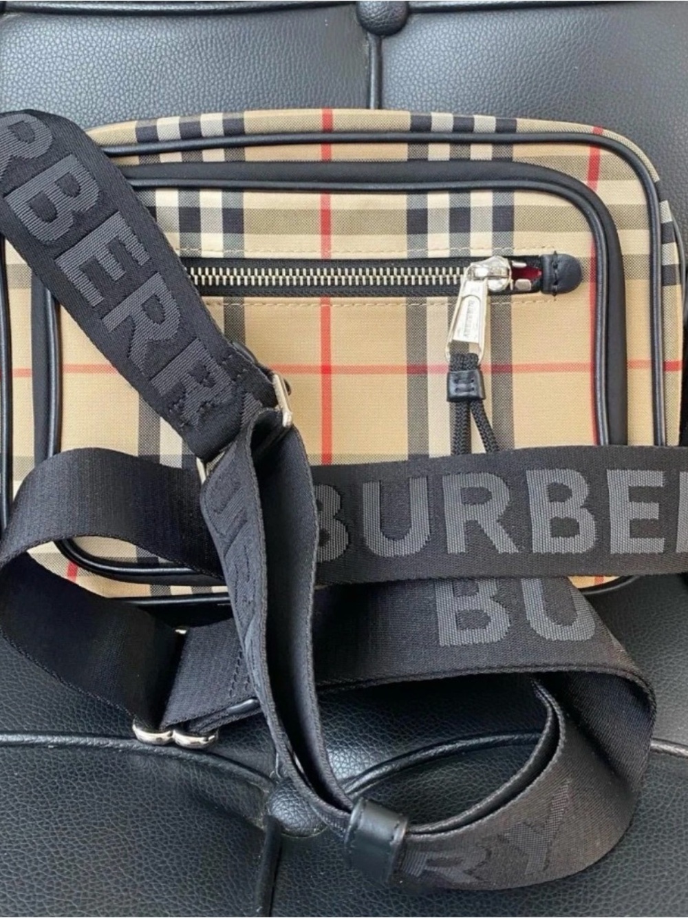 Burberry Beige Check Belt Bag with Black Branded Strap